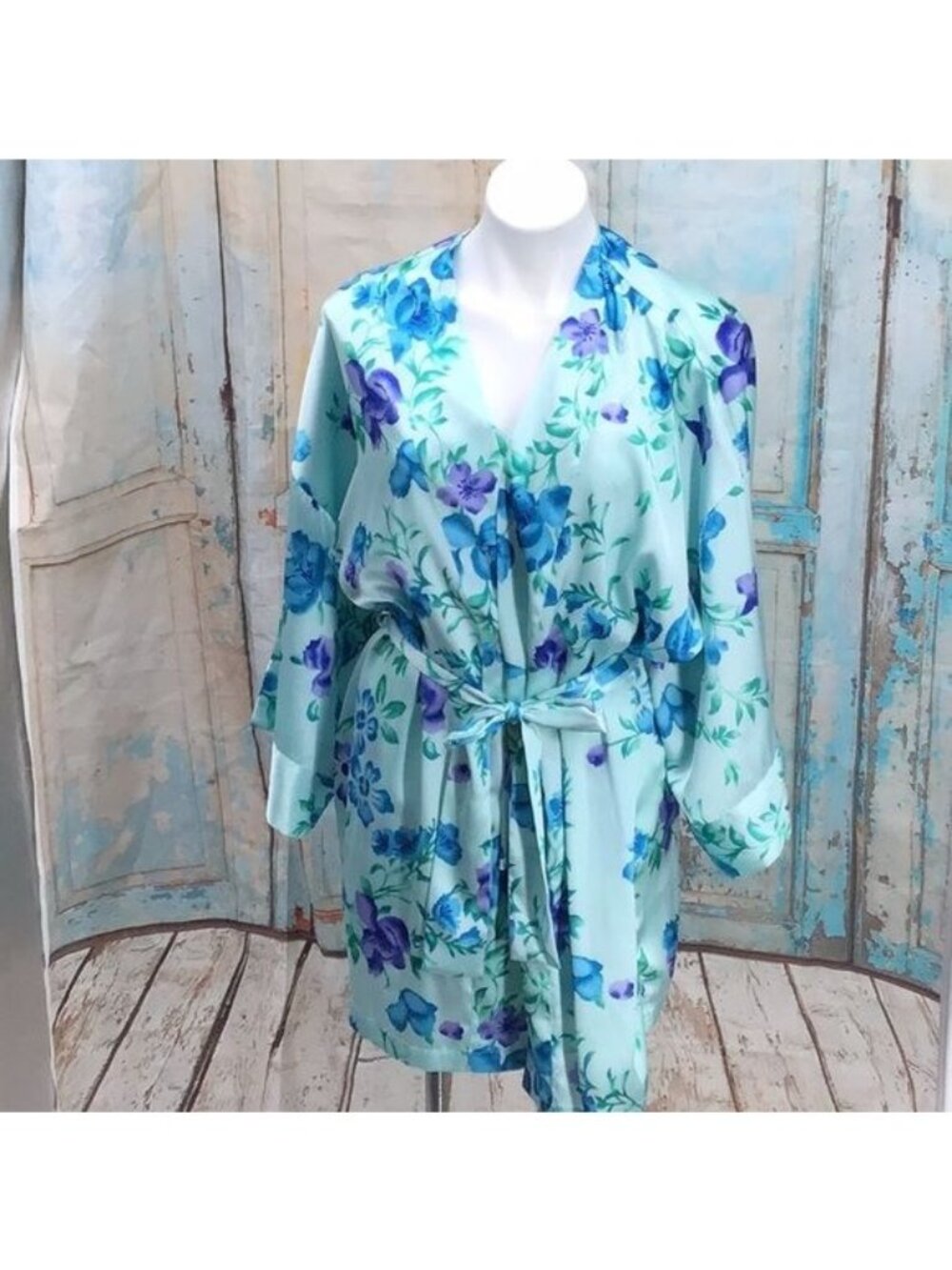 Cacique Floral Satin Kimono Robe & Slip Set Blue Purple M/L 100% Polyester